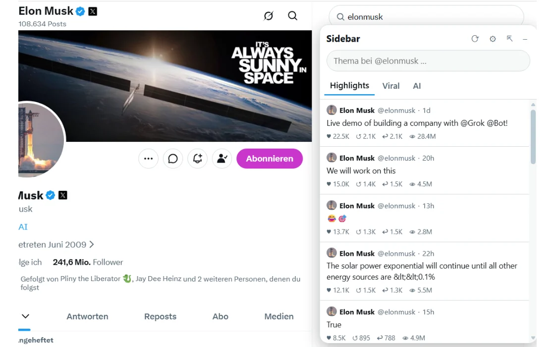 X Sidebar neben einem Profil auf X: Reiter Highlights, Viral und AI mit Beiträgen und Kennzahlen.